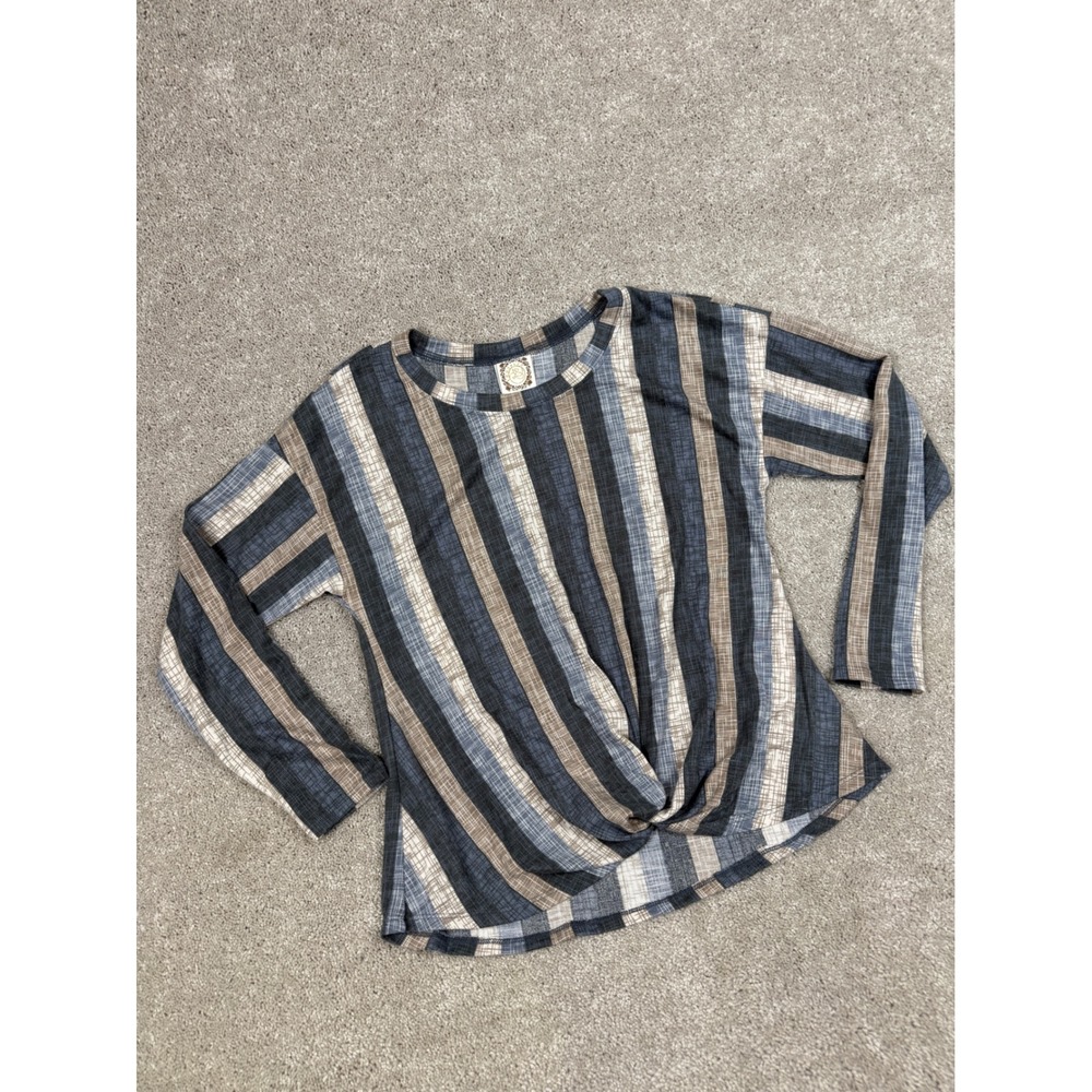 True Self Striped Twist Front Top Large Blue Brown Long Sleeve Knit 1XCL-EYPL